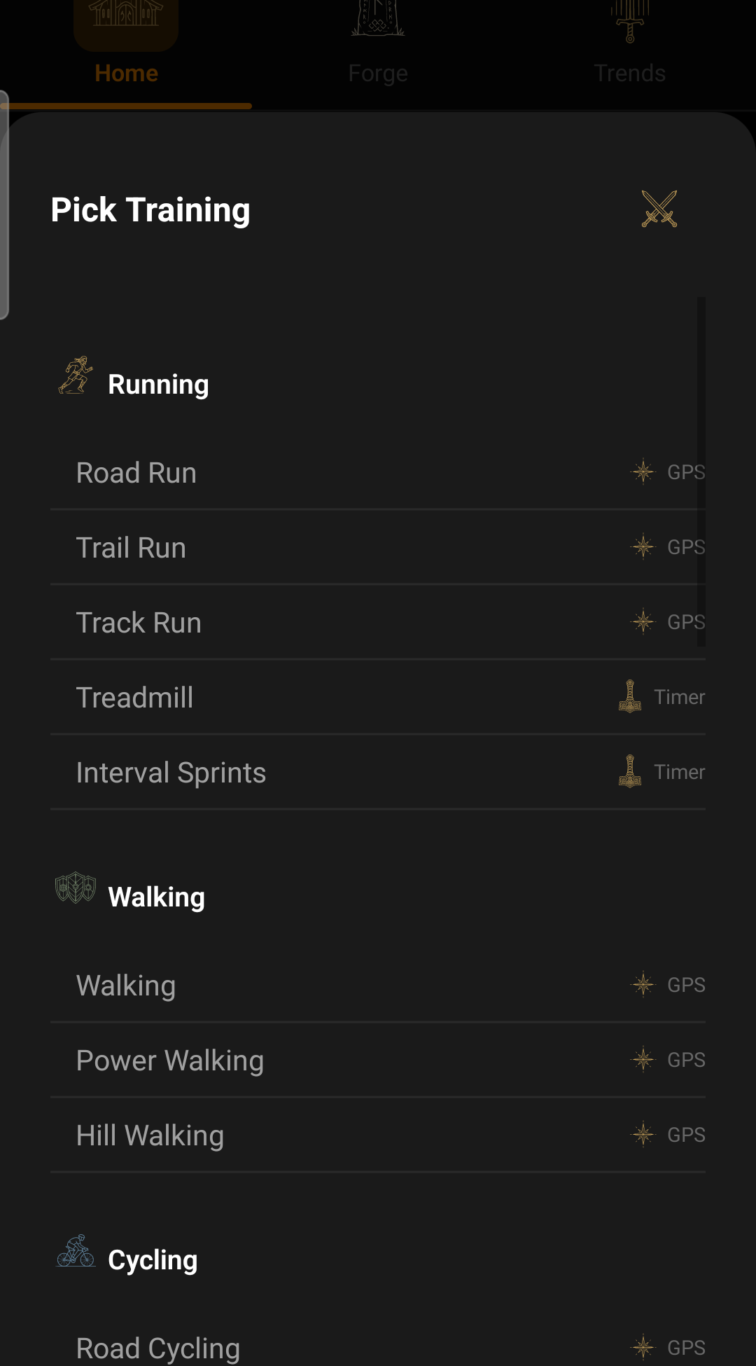Training picker for running and cycling